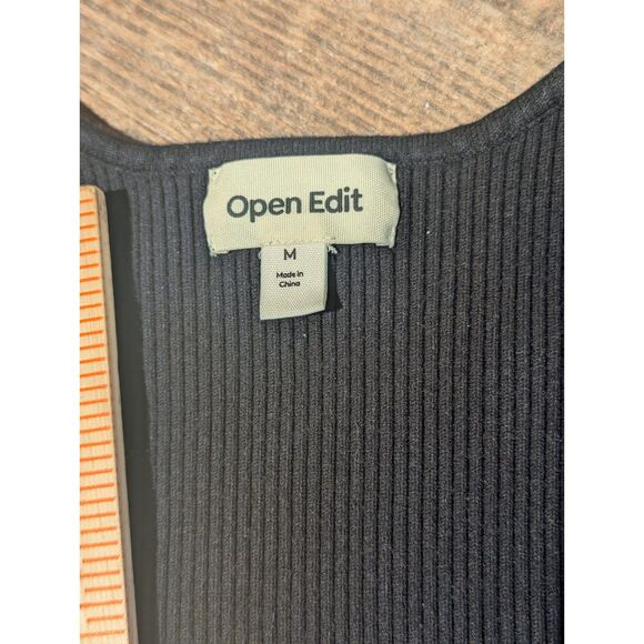 Open Edit Black Ribbed Knit Square Neck Long Sleeve Top M - Picture 2 of 5